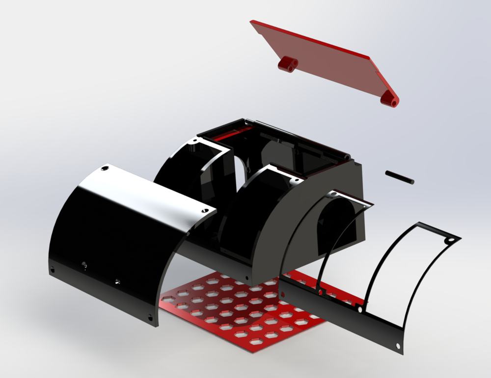 Exploded CAD view of a curved multi-part enclosure