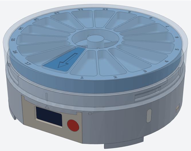CAD render of a rotary pill organizer with a display and button